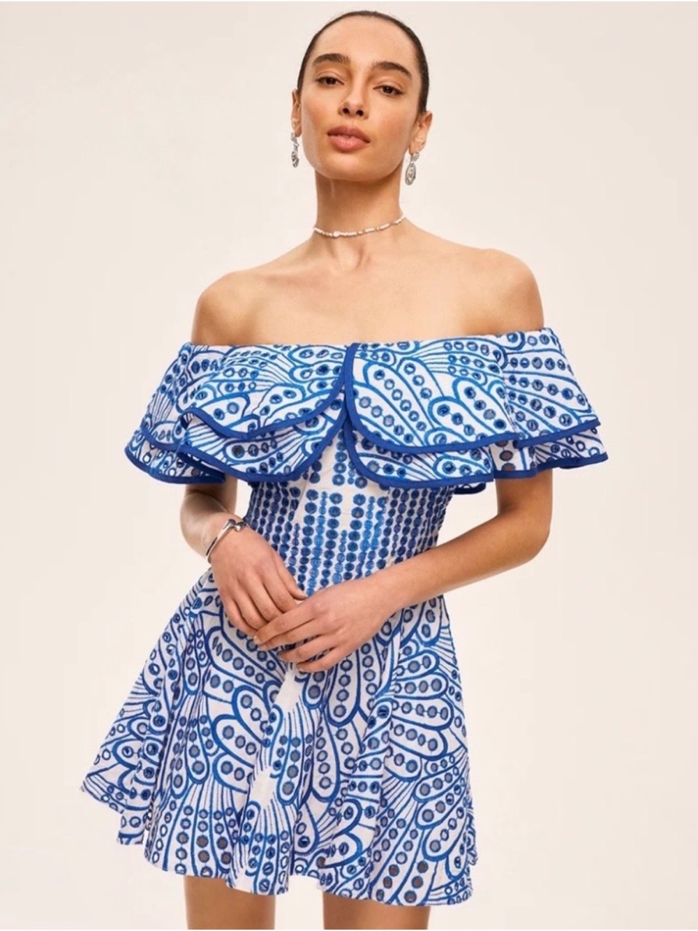 Blue & White Off-Shoulder Printed One-Shoulder Dress